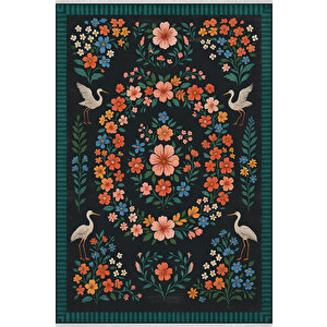 Çiçek Ve Kuş Desenli Siyah Halı – Kaymaz & Makinede Yıkanabilir | Bebek Ve Evcil Dostu Tasarım 160x180 cm