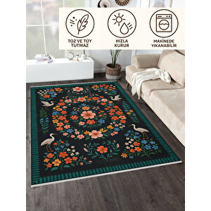 Çiçek Ve Kuş Desenli Siyah Halı – Kaymaz & Makinede Yıkanabilir | Bebek Ve Evcil Dostu Tasarım 160x180 cm