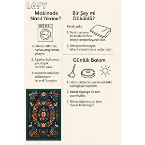 Çiçek Ve Kuş Desenli Siyah Halı – Kaymaz & Makinede Yıkanabilir | Bebek Ve Evcil Dostu Tasarım
