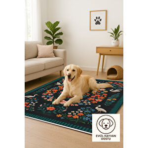 Çiçek Ve Kuş Desenli Siyah Halı – Kaymaz & Makinede Yıkanabilir | Bebek Ve Evcil Dostu Tasarım