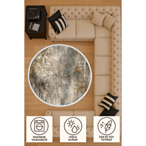 Yuvarlak Halı Gri Vintage Desenli | Yıkanabilir Bebek Ve Evcil Dostu | Modern Salon Halısı 180x180 cm