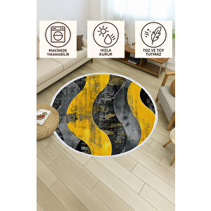 Yuvarlak Halı Sarı Siyah Dalga Desen Yıkanabilir Toz Tutmaz Modern Kaymaz Halı 100x100 cm