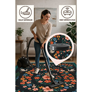 Çiçek Ve Kuş Desenli Siyah Halı – Kaymaz & Makinede Yıkanabilir | Bebek Ve Evcil Dostu Tasarım 180x200 cm