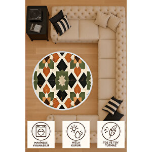 Yuvarlak Halı Retro Desenli Kaymaz Pamuk Tabanlı Salon Halısı | 6 Farklı Ölçü Seçeneği 80x80 cm