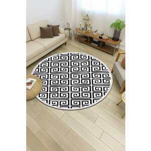 Yuvarlak Halı – Siyah Beyaz Geometrik Desen | Pamuk Tabanlı | Kaymaz Modern Salon Halısı 150x150 cm