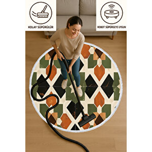 Yuvarlak Halı Retro Desenli Kaymaz Pamuk Tabanlı Salon Halısı | 6 Farklı Ölçü Seçeneği 120x120 cm