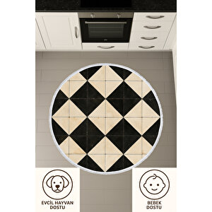 Yuvarlak Halı – Siyah Krem Geometrik Desenli Halı | Modern Minimal Kilim | Evcil Hayvan Ve Bebek Dostu 100x100 cm