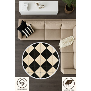 Yuvarlak Halı – Siyah Krem Geometrik Desenli Halı | Modern Minimal Kilim | Evcil Hayvan Ve Bebek Dostu 100x100 cm