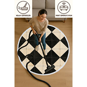 Yuvarlak Halı – Siyah Krem Geometrik Desenli Halı | Modern Minimal Kilim | Evcil Hayvan Ve Bebek Dostu 100x100 cm