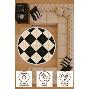 Yuvarlak Halı – Siyah Krem Geometrik Desenli Halı | Modern Minimal Kilim | Evcil Hayvan Ve Bebek Dostu