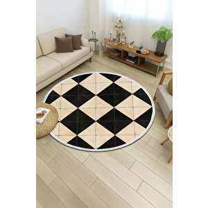 Yuvarlak Halı – Siyah Krem Geometrik Desenli Halı | Modern Minimal Kilim | Evcil Hayvan Ve Bebek Dostu