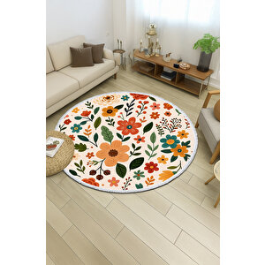 Çiçek Desenli Renkli Yuvarlak Halı – Pamuk Tabanlı & Kaymaz | Neşeli Dekoratif Tasarım 150x150 cm