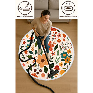 Çiçek Desenli Renkli Yuvarlak Halı – Pamuk Tabanlı & Kaymaz | Neşeli Dekoratif Tasarım 150x150 cm