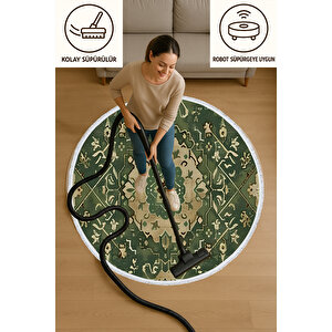Yuvarlak Halı Klasik Desenli Yeşil Kaymaz Tabanlı Yıkanabilir Salon Halısı 150x150 Cm 150x150 cm