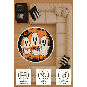Yuvarlak Halı Cadılar Bayramı Temalı Boo Desenli | Bebek Ve Evcil Dostu Kaymaz Tabanlı 80x80 cm