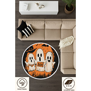 Yuvarlak Halı Cadılar Bayramı Temalı Boo Desenli | Bebek Ve Evcil Dostu Kaymaz Tabanlı 80x80 cm
