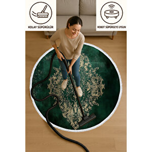 Yuvarlak Halı Yeşil Vintage Desenli Bebek Ve Evcil Hayvan Dostu Kolay Temizlenebilir Halı 120x120 cm