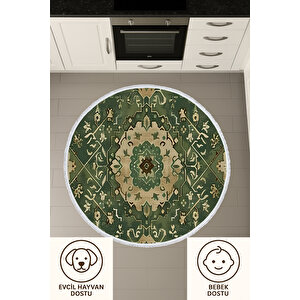 Yuvarlak Halı Klasik Desenli Yeşil Kaymaz Tabanlı Yıkanabilir Salon Halısı 150x150 Cm