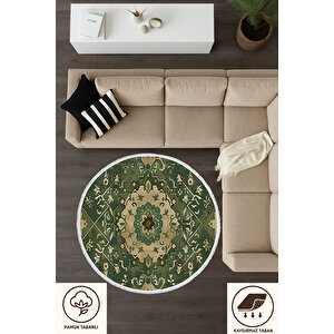 Yuvarlak Halı Klasik Desenli Yeşil Kaymaz Tabanlı Yıkanabilir Salon Halısı 150x150 Cm