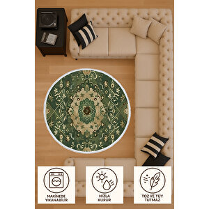 Yuvarlak Halı Klasik Desenli Yeşil Kaymaz Tabanlı Yıkanabilir Salon Halısı 150x150 Cm