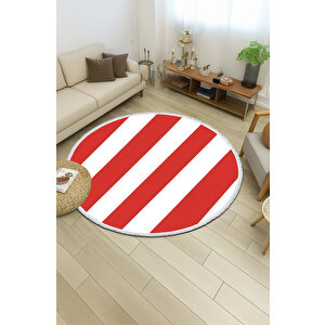 Yuvarlak Halı – Kırmızı Beyaz Çizgili Modern Halı | Minimalist Çocuk Odası & Mutfak Halısı | Bebek Ve Evcil Hayvan Dostu 150x150 cm