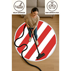 Yuvarlak Halı – Kırmızı Beyaz Çizgili Modern Halı | Minimalist Çocuk Odası & Mutfak Halısı | Bebek Ve Evcil Hayvan Dostu 150x150 cm