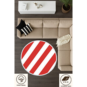 Yuvarlak Halı – Kırmızı Beyaz Çizgili Modern Halı | Minimalist Çocuk Odası & Mutfak Halısı | Bebek Ve Evcil Hayvan Dostu 150x150 cm