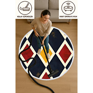Yuvarlak Halı Renkli Geometrik Desen Kolay Süpürülen Robot Süpürge Uyumlu 150x150 180x180 cm