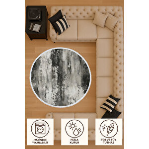 Yuvarlak Halı Gri Siyah Modern Desen | Kaydırmaz Tabanlı | Bebek Ve Pet Dostu Halı 120x120 cm