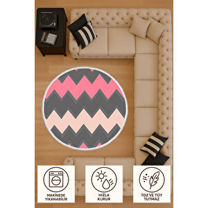 Yuvarlak Halı Pembe Gri Zigzag Desenli Bebek Ve Evcil Hayvan Dostu Halı 120x120 Cm 60x60 cm