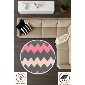 Yuvarlak Halı Pembe Gri Zigzag Desenli Bebek Ve Evcil Hayvan Dostu Halı 120x120 Cm 60x60 cm