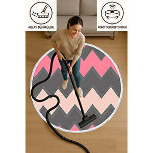 Yuvarlak Halı Pembe Gri Zigzag Desenli Bebek Ve Evcil Hayvan Dostu Halı 120x120 Cm 60x60 cm
