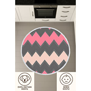 Yuvarlak Halı Pembe Gri Zigzag Desenli Bebek Ve Evcil Hayvan Dostu Halı 120x120 Cm