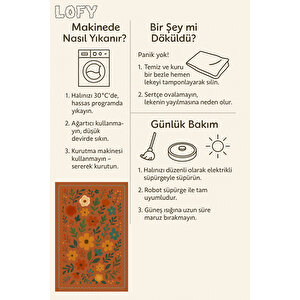 Retro Botanik Desen Kiremit Renk Halı Yıkanabilir 160x230 180x200 cm