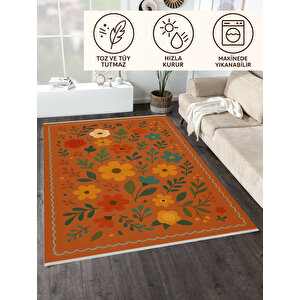 Retro Botanik Desen Kiremit Renk Halı Yıkanabilir 160x230