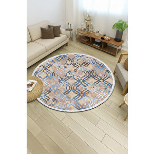 Yuvarlak Halı – Bej Mavi Geometrik Desen | Kaymaz Tabanlı Pamuk Dokulu Şık Halı Modeli 180x180 cm