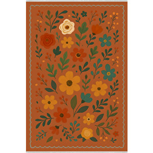 Retro Botanik Desen Kiremit Renk Halı Yıkanabilir 160x230 200x600 cm