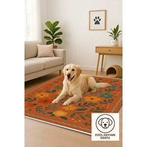 Retro Botanik Desen Kiremit Renk Halı Yıkanabilir 160x230