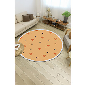 Yuvarlak Halı Kalpli Desenli | Çocuk Odası Uyumlu Kaymaz Taban | Bebek Ve Evcil Hayvan Dostu Kilim 120x120 cm