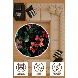 Yuvarlak Halı Siyah Zemin Çiçek Desenli | Modern Salon Halısı | Bebek Ve Evcil Dostu Kilim
