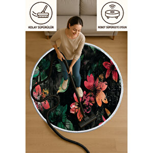 Yuvarlak Halı Siyah Zemin Çiçek Desenli | Modern Salon Halısı | Bebek Ve Evcil Dostu Kilim 80x80 cm