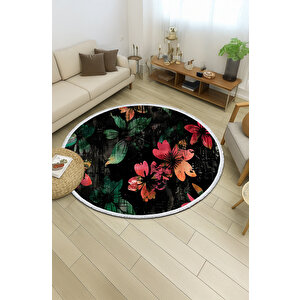 Yuvarlak Halı Siyah Zemin Çiçek Desenli | Modern Salon Halısı | Bebek Ve Evcil Dostu Kilim