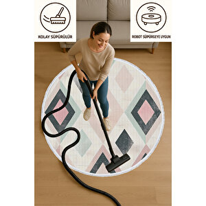 Yuvarlak Halı Pastel Geometrik Desenli Yıkanabilir Toz Tutmaz Hızlı Kuruyan Halı 60x60 cm