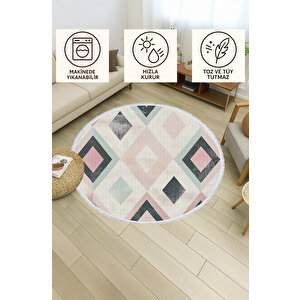 Yuvarlak Halı Pastel Geometrik Desenli Yıkanabilir Toz Tutmaz Hızlı Kuruyan Halı