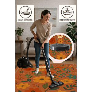 Retro Botanik Desen Kiremit Renk Halı Yıkanabilir 160x230 80x150 cm