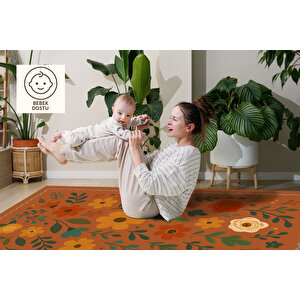 Retro Botanik Desen Kiremit Renk Halı Yıkanabilir 160x230