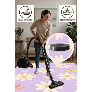 Papatya Desenli Mor Çocuk Odası Halısı Yıkanabilir 120x180