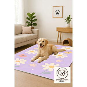 Papatya Desenli Mor Çocuk Odası Halısı Yıkanabilir 120x180