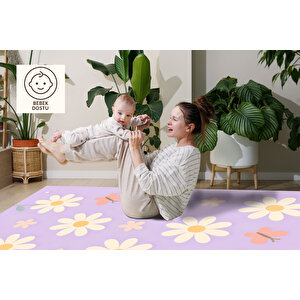 Papatya Desenli Mor Çocuk Odası Halısı Yıkanabilir 120x180