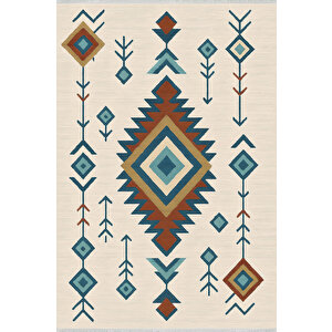 Krem Zeminli Geometrik Etnik Desen Halı 160x230 Yıkanabilir